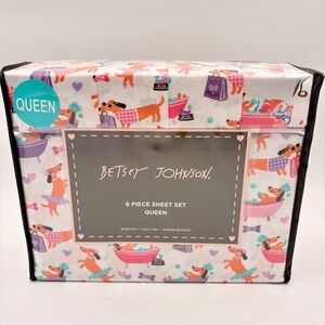 Betsey Johnson Diva Dogs Queen Sheet Set 6 Piece White Pink Dachshund Print NEW